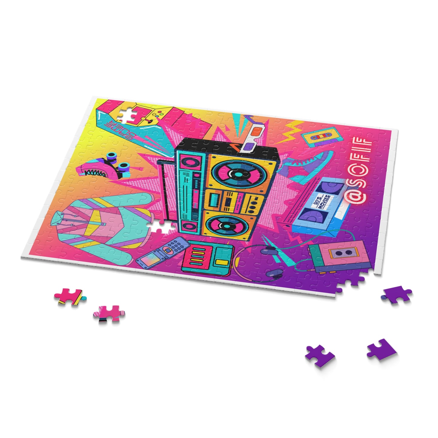 Retro Neon Puzzle — Boombox, Cassette & Roller Skate Pop Art (252 Piece)