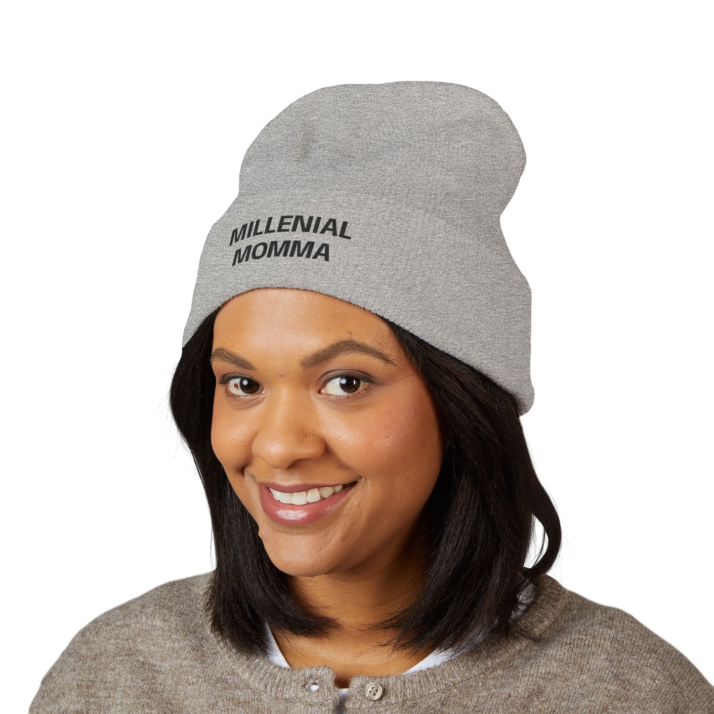 Embroidered "Millennial Momma" Cuffed Beanie - Cozy Knit Hat