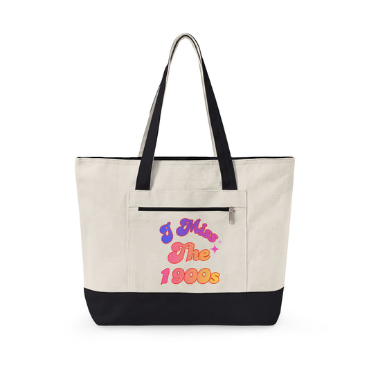 1990s Retro Canvas Tote Bag — "I Miss The 1900s" Zippered Beach & Grocery Tote