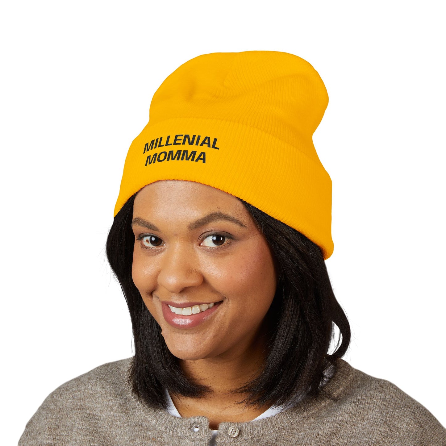 Embroidered "Millennial Momma" Cuffed Beanie - Cozy Knit Hat