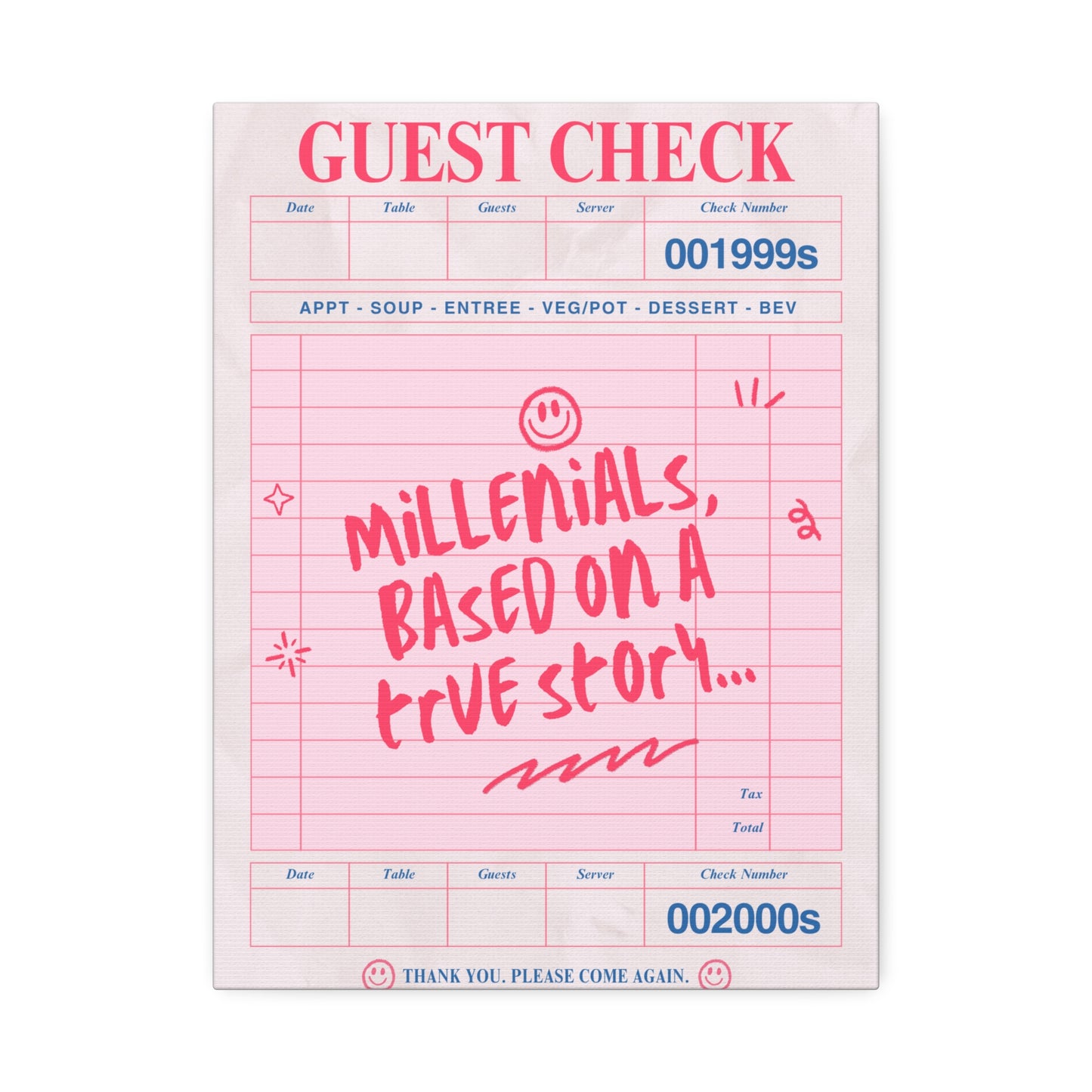 Canvas Print — "Millennials, Based on a True Story" Guest Check Art