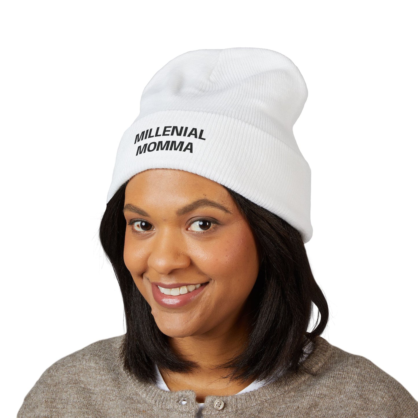 Embroidered "Millennial Momma" Cuffed Beanie - Cozy Knit Hat