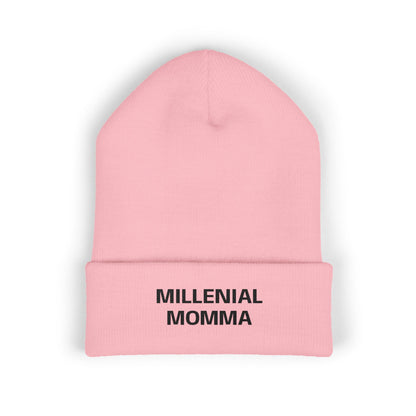 Embroidered "Millennial Momma" Cuffed Beanie - Cozy Knit Hat