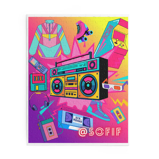 Retro Neon Puzzle — Boombox, Cassette & Roller Skate Pop Art (252 Piece)