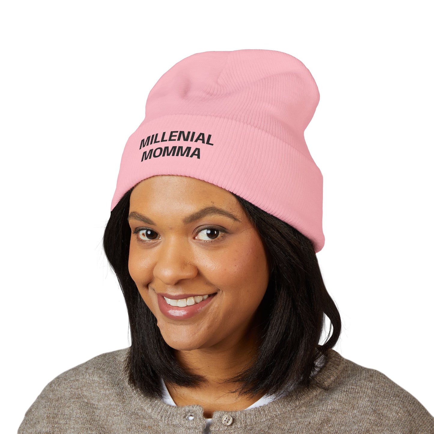 Embroidered "Millennial Momma" Cuffed Beanie - Cozy Knit Hat